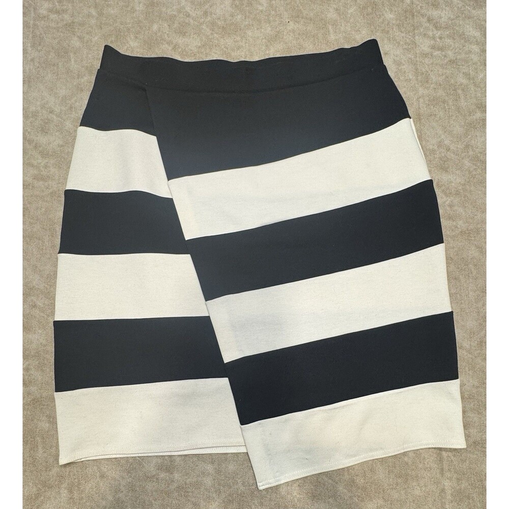 Spence Pencil Skirt Women's LARGE Black White Stripe Pull On Wrap Lined